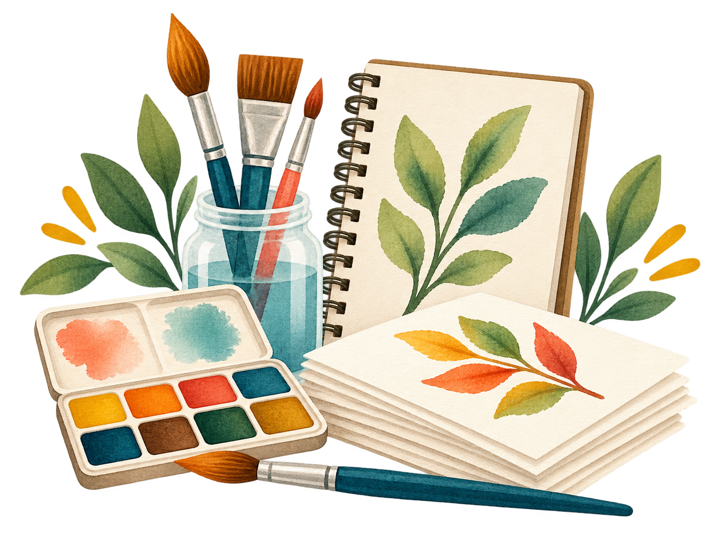 Pinsel, Farbpalette und Skizzenbuch