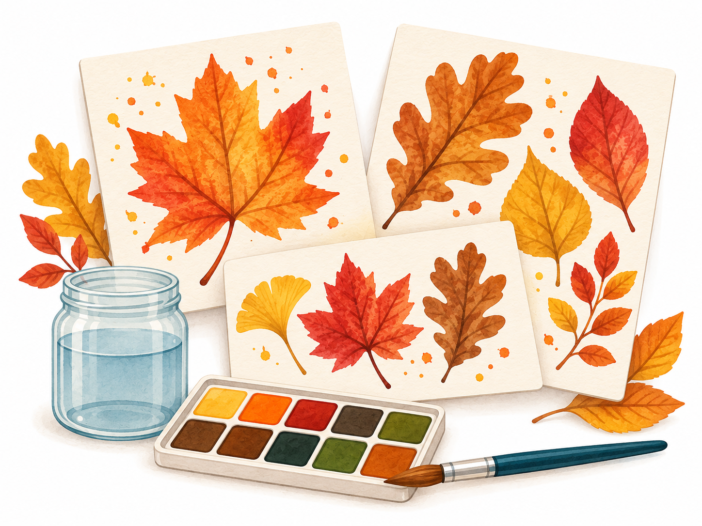 Aquarellkarten mit Herbstblättern