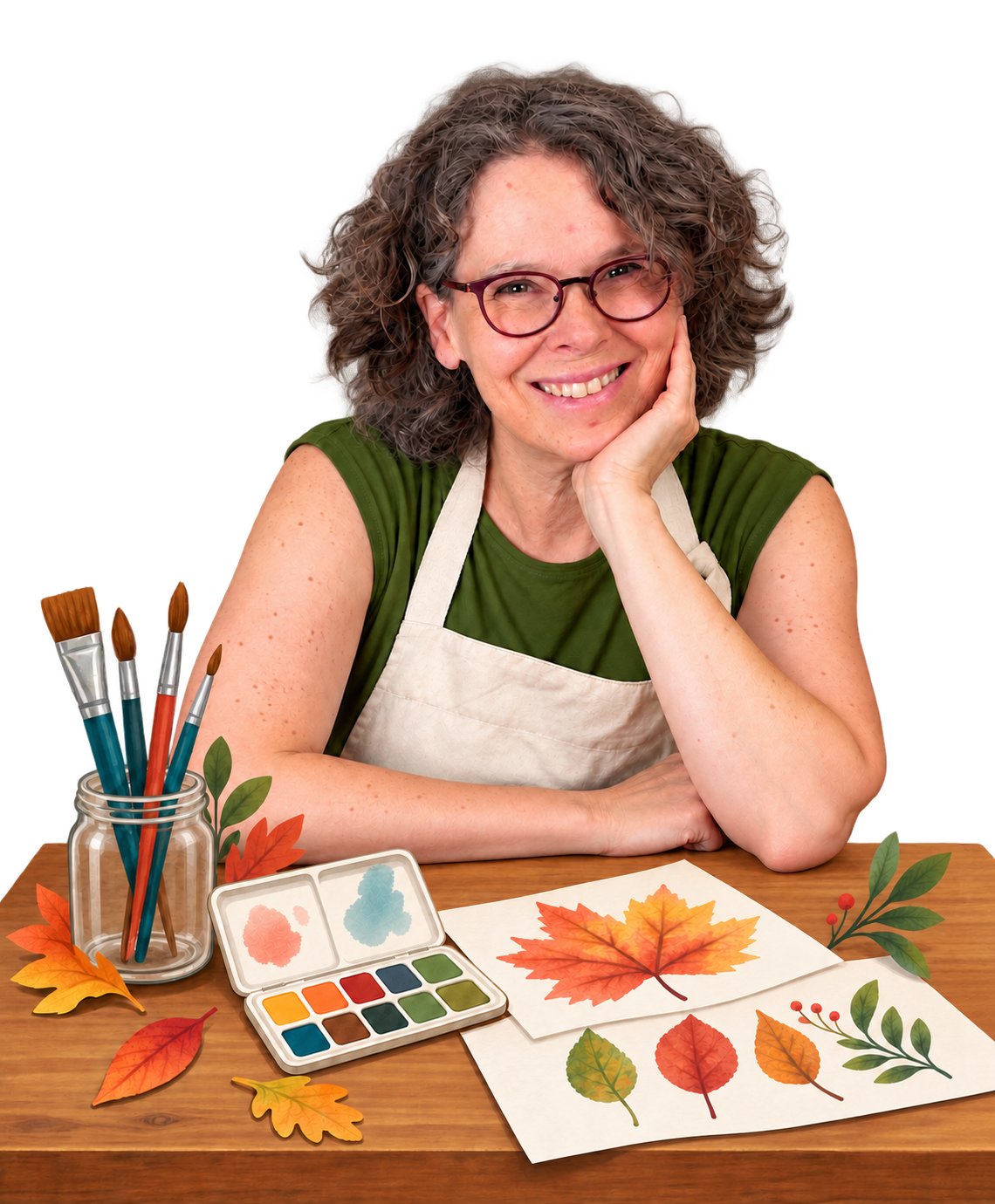 Nicole Kreye am Maltisch mit Aquarellfarben und Herbstblättern